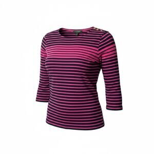 Lauren Ralph Lauren Pink Navy Striped Top Womens Large 3/4 Sleeve Gold Button